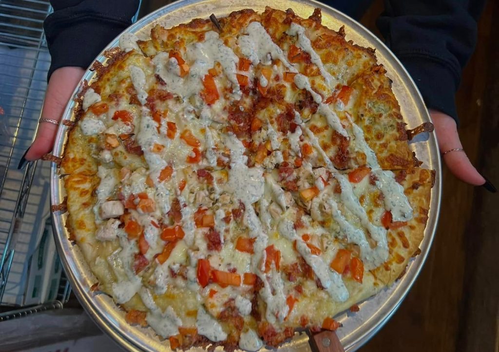 aerial view of pizza fresh out the oven